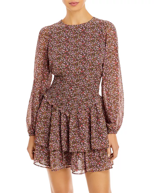 AQUA Gemma Floral Smocked Dress L