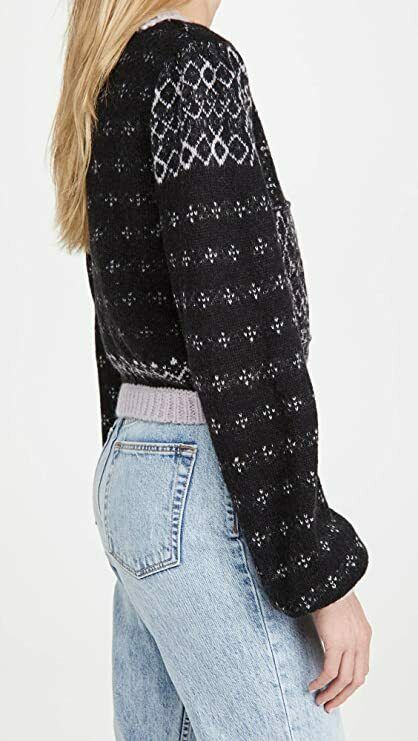 Free People Women's Snow Globe Pullover Sweater, Onyx Combo, Black, Print, XL