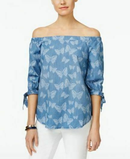 INC International Concepts Off-The-Shoulder Tie-Cuff Top Indigo - Outlet Designers