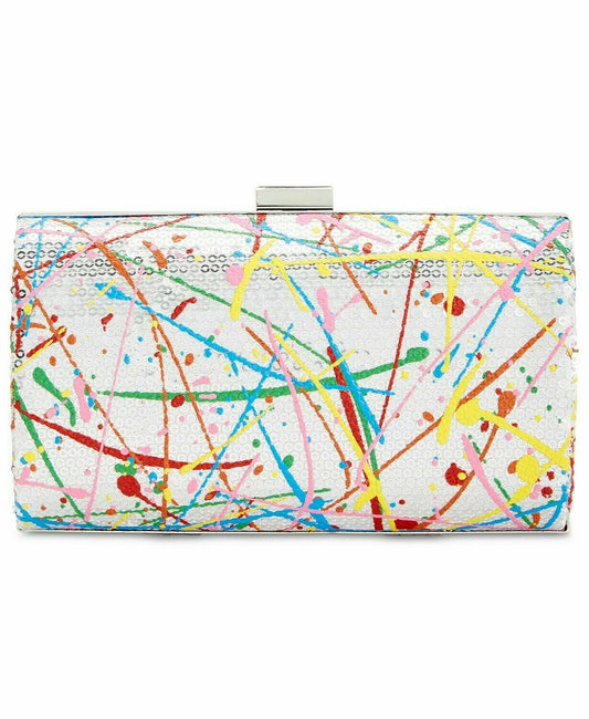 INC Ranni Silver Clutch Rainbow Paint Splatter Hard Shell