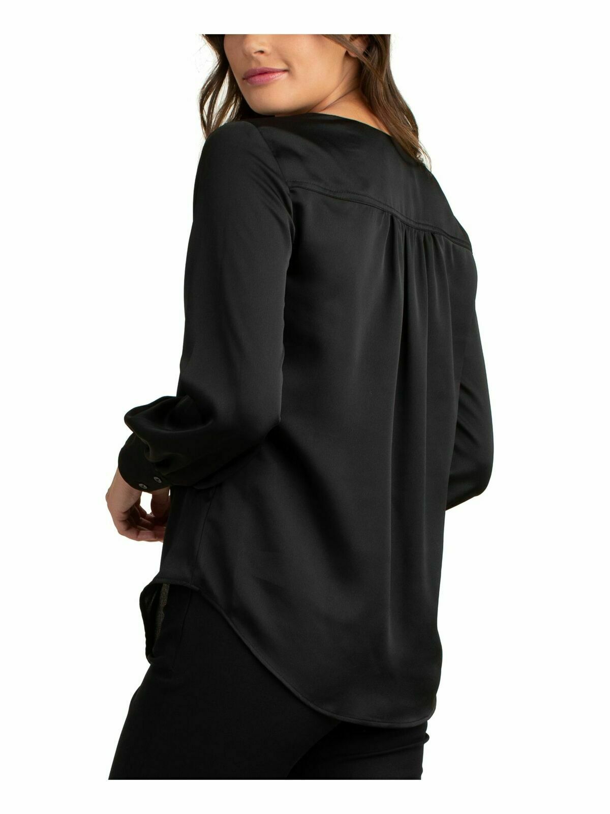 TRINA TURK Womens Black Pleated Cuffed V Neck Top Size S