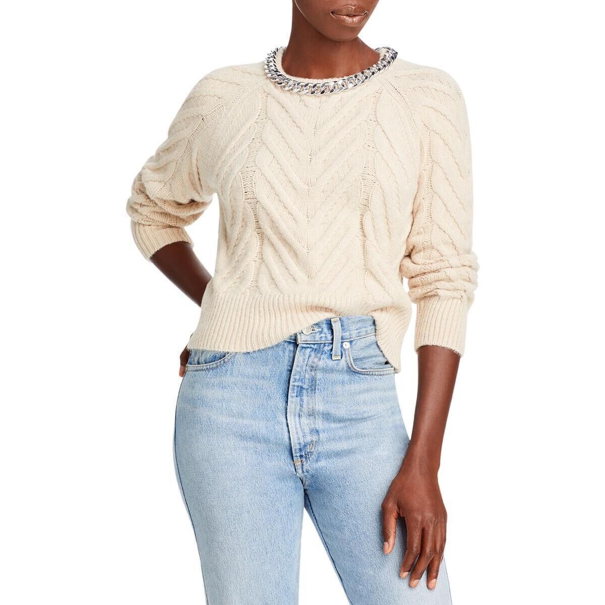 Aqua Womens Cable Knit Chain Pullover Sweater S