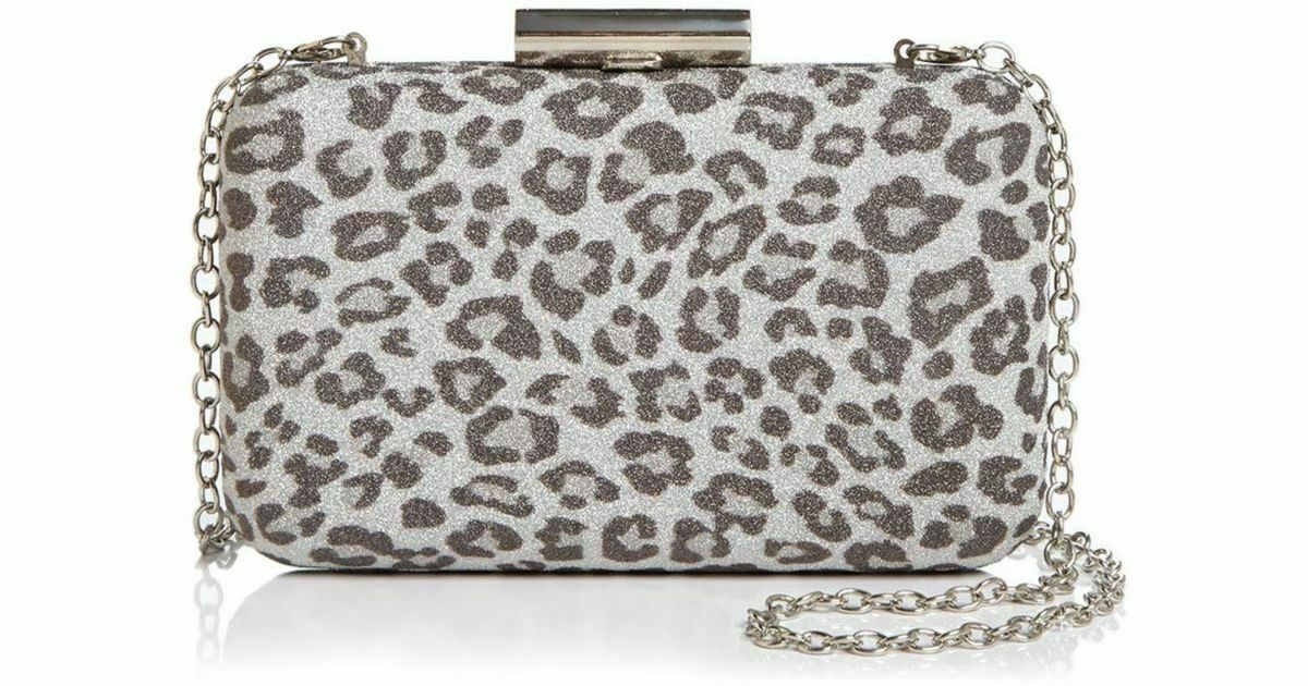 Sondra Roberts Glitter Leopard Print Box Clutch Silver