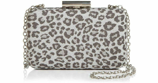 Sondra Roberts Glitter Leopard Print Box Clutch Silver