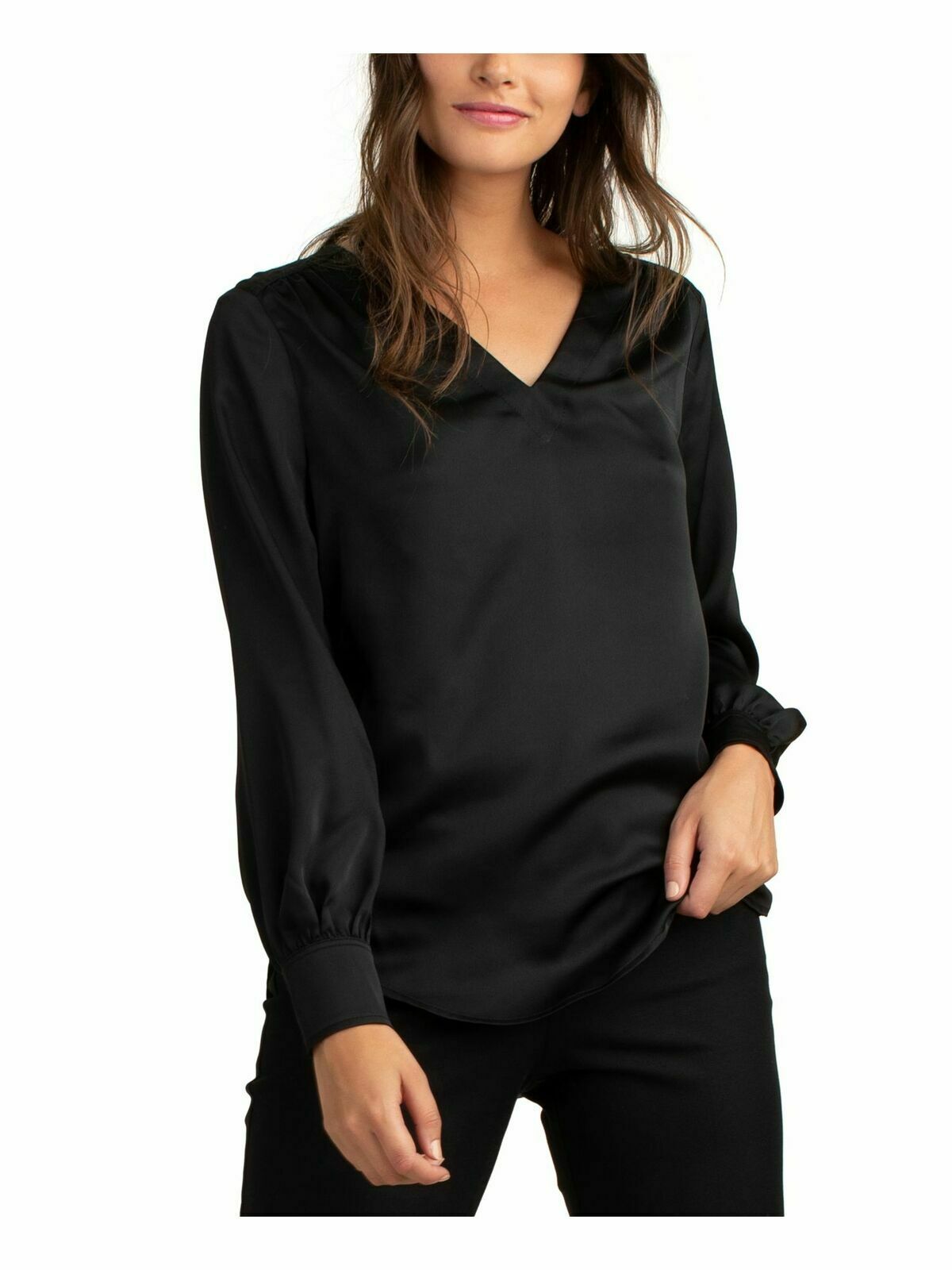 TRINA TURK Womens Black Pleated Cuffed V Neck Top Size S