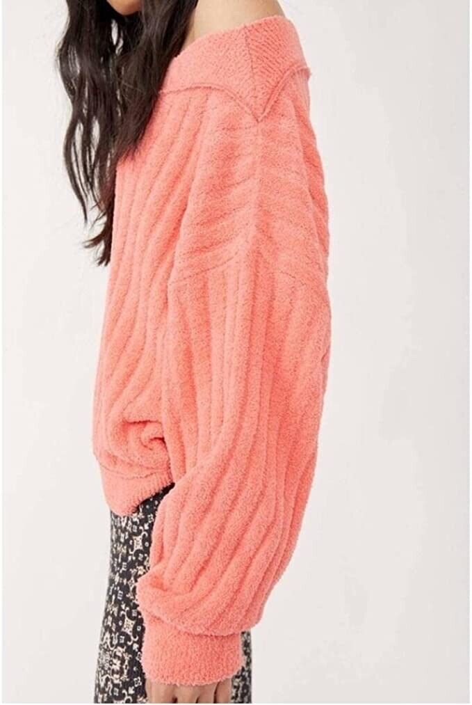 Free People Women's Cabin Fever Ribbed Sweater Coral L