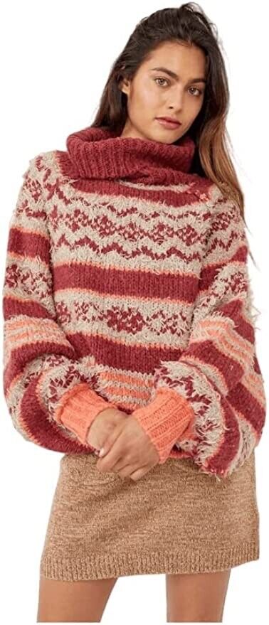 Free People Women's Check Me Out Pullover Sweater in Holly Berry Combo Medium