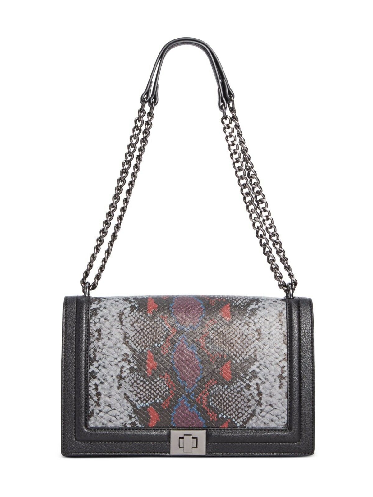 INC Women's Black Snake Print Leather Double Flat Strap Shoulder Bag