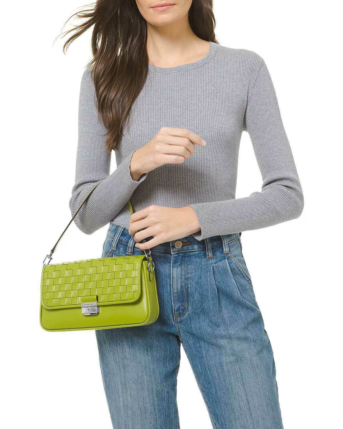 Michael Kors Bradshaw Woven Leather Convertible Shoulder Bag Lime