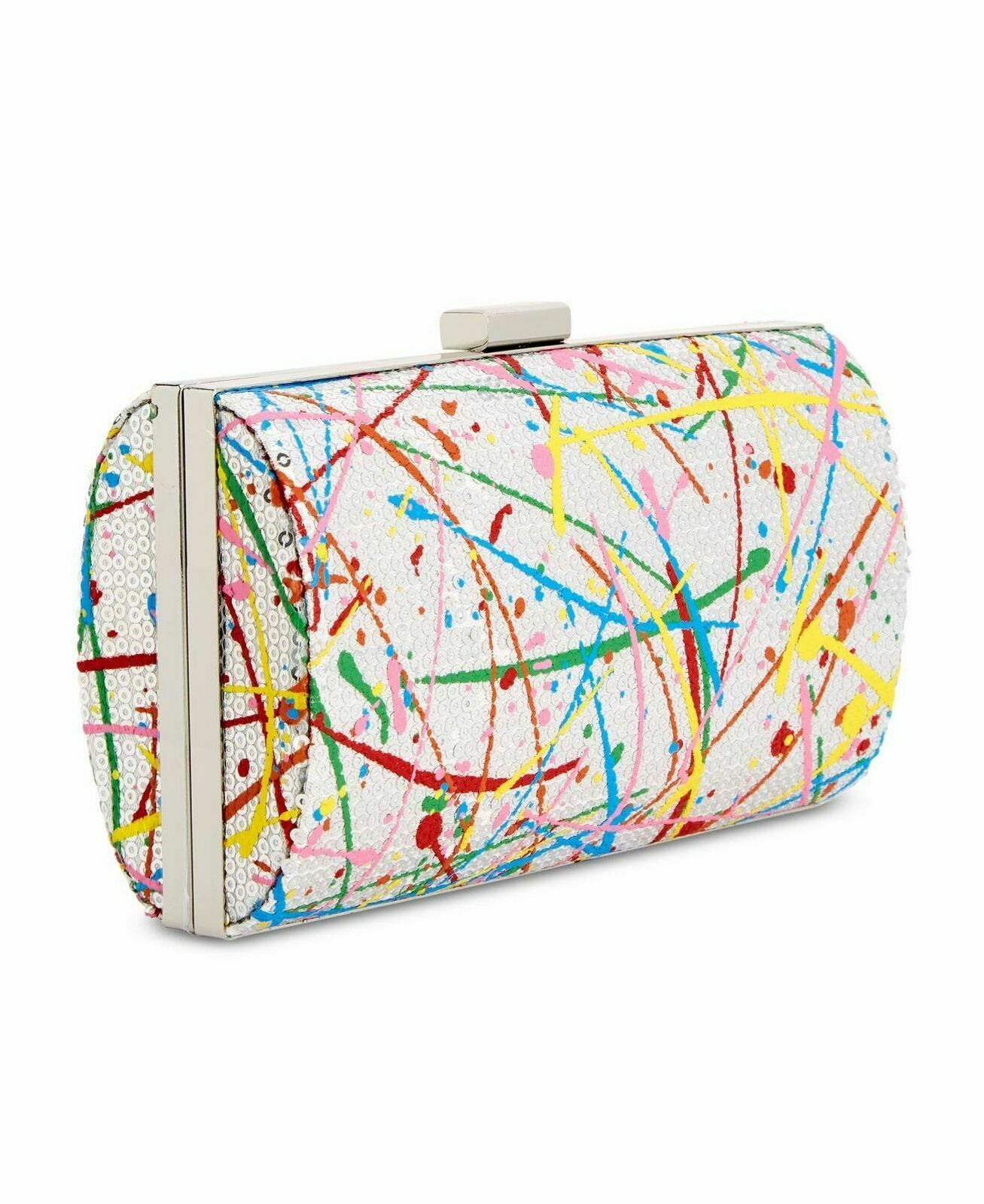 INC Ranni Silver Clutch Rainbow Paint Splatter Hard Shell