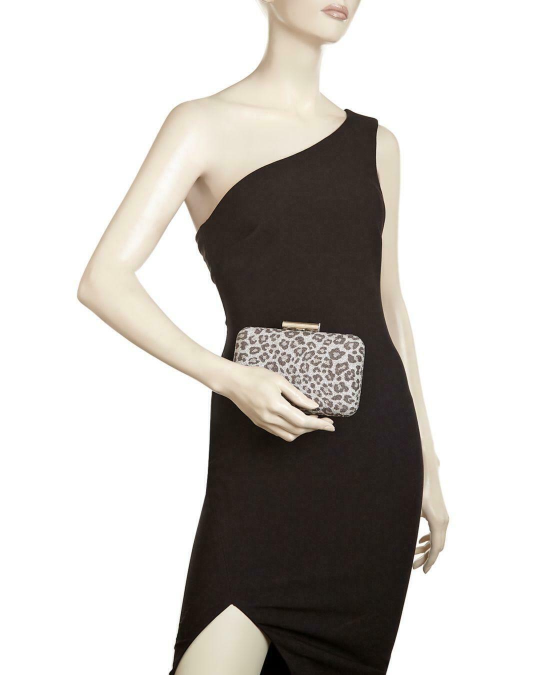 Sondra Roberts Glitter Leopard Print Box Clutch Silver