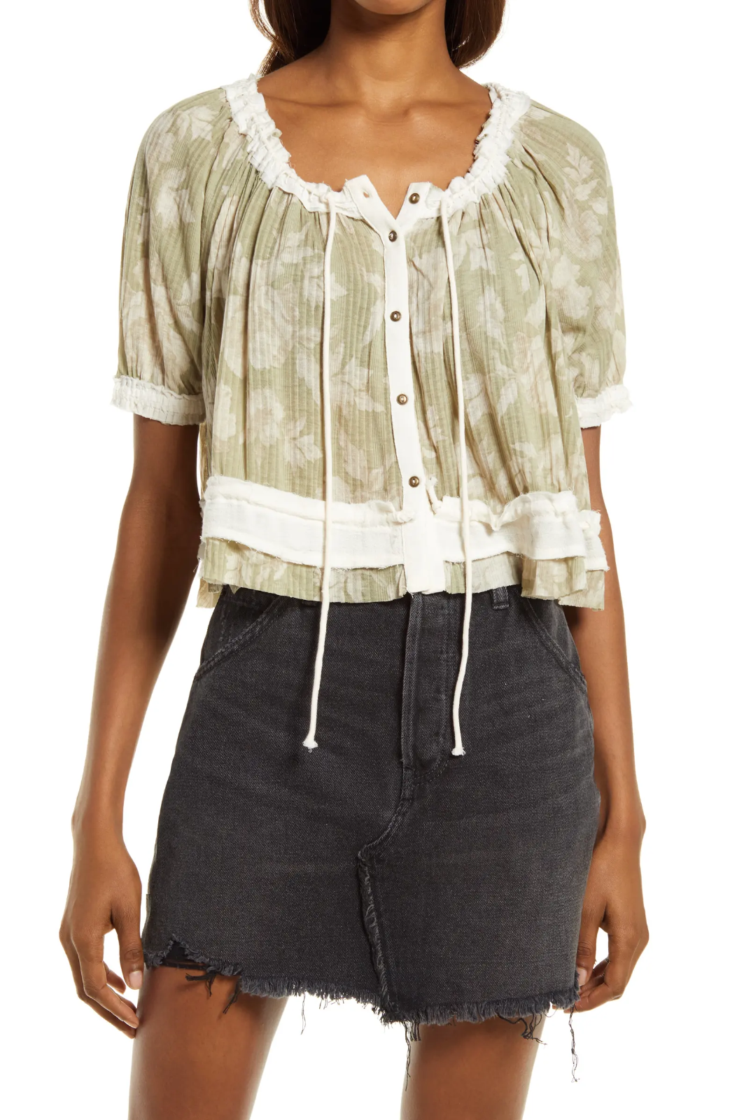 Free People Women's Perfect Day Ribbed Ruffle Top Poppy Combo S