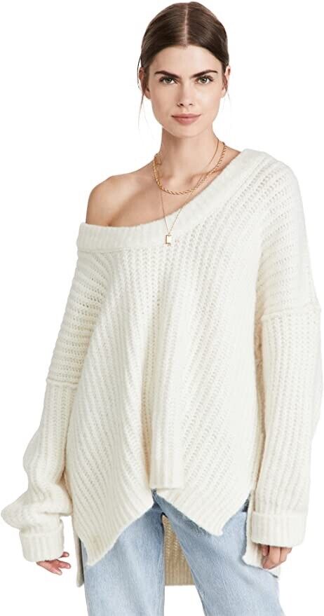 Free People Women's Blue Bell V Neck Sweater, Ivory, S