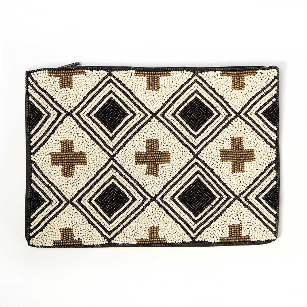 INK+ALLOY Black Ivory With Gold Cross Beaded Clutch