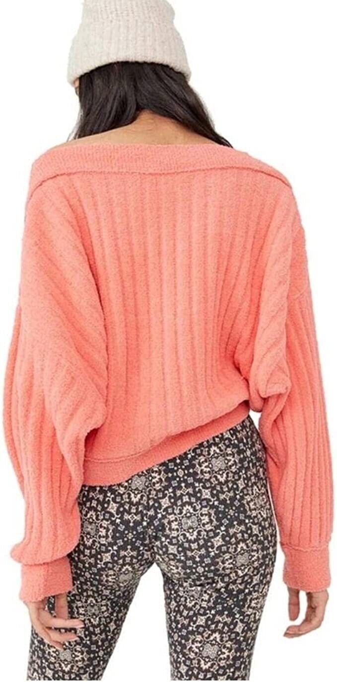 Free People Women's Cabin Fever Ribbed Sweater Coral L
