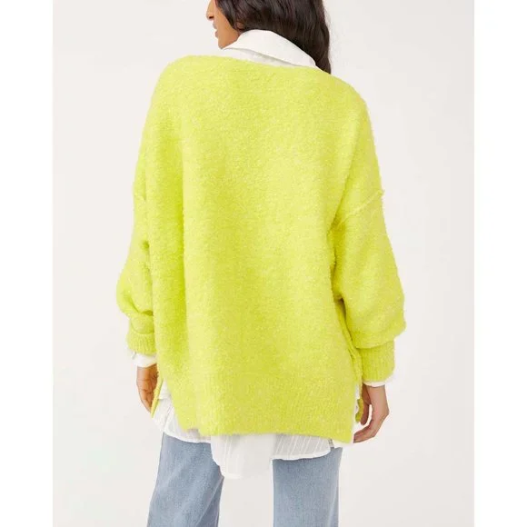 Free People Moira Slouchy Two-Tone Boucle Tunic Sweater Citron Sun Combo L