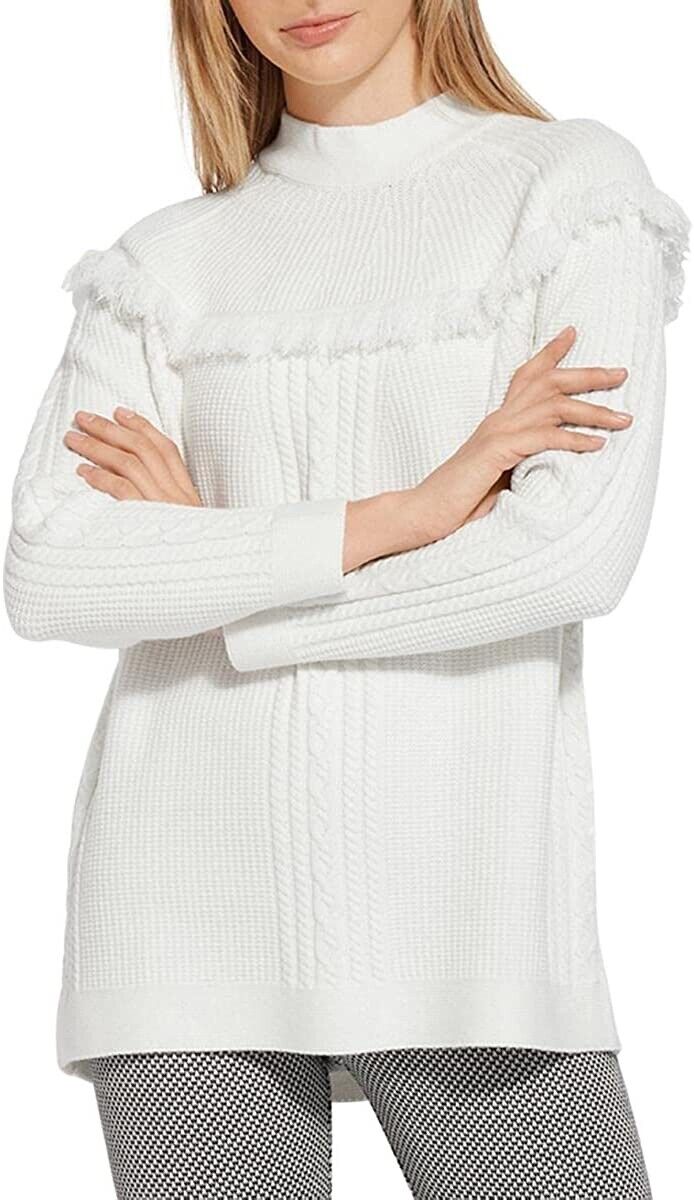 Lysse Womens Get Away Fringe Cable Knit Pullover Sweater White S