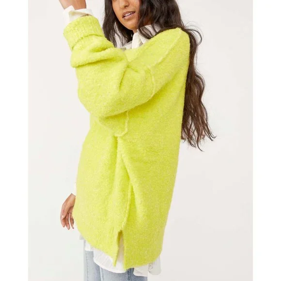 Free People Moira Slouchy Two-Tone Boucle Tunic Sweater Citron Sun Combo L