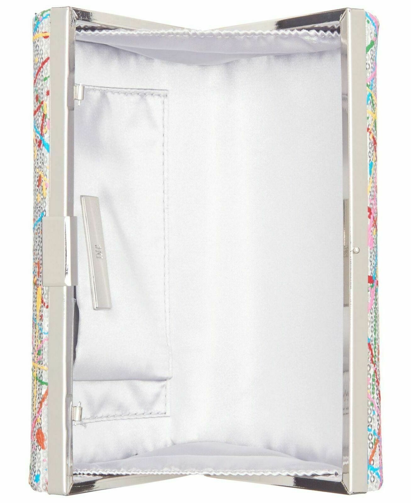 INC Ranni Silver Clutch Rainbow Paint Splatter Hard Shell