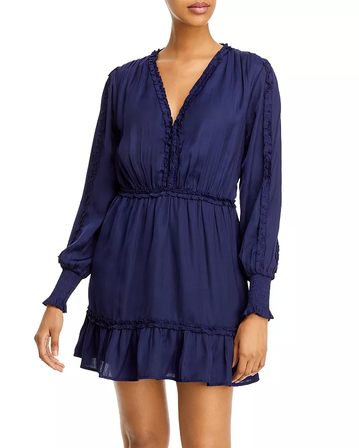 Aqua Womens Ruffled V Neck Mini Dress L