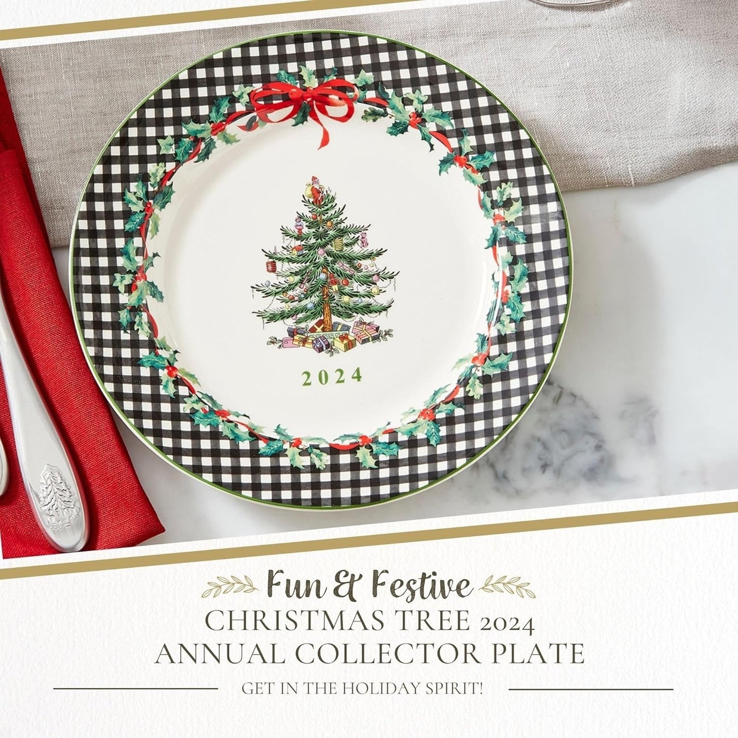 Spode Christmas Tree Collector Plate - Exclusive Border with Red Ribbon & Black  Outlet Designers