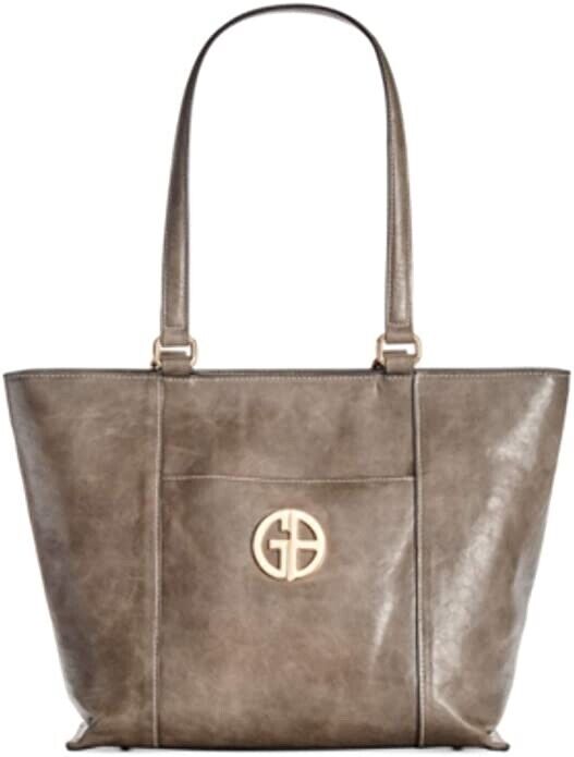 Giani Bernini Womens Faux Leather Shopper Tote Handbag Gray Large