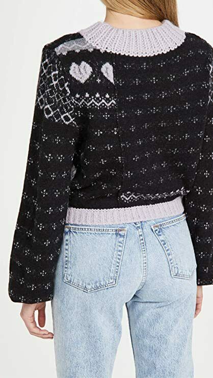 Free People Women's Snow Globe Pullover Sweater, Onyx Combo, Black, Print, XL