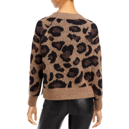 Aqua Womens Animal Print Ribbed Trim Crewneck Sweater XS