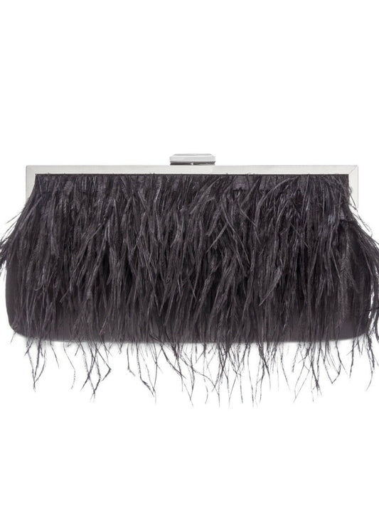 INC Women's Black Faux Leather Feathers Chain Strap Clutch
