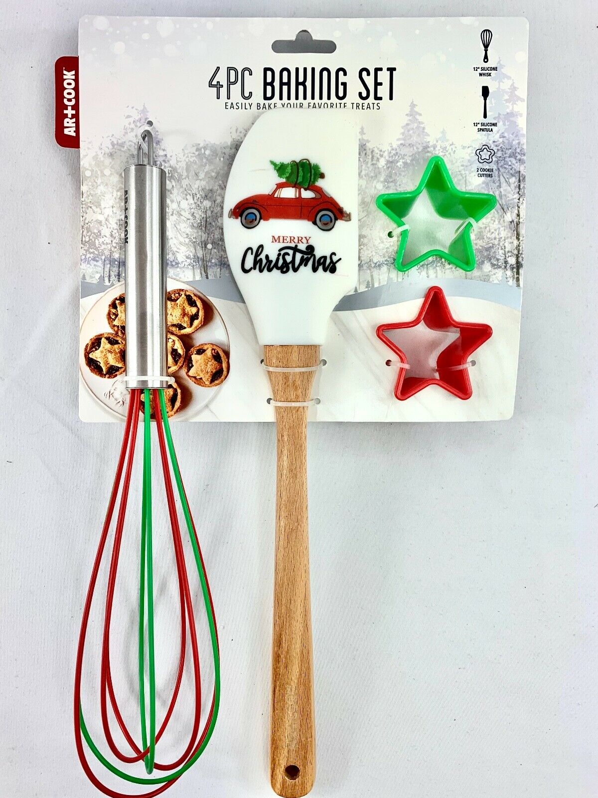 Art & Cook Xmas 4 PC BAKING SET 12" WISK, 12" SPATULA & 2 COOKIE CUTTERS