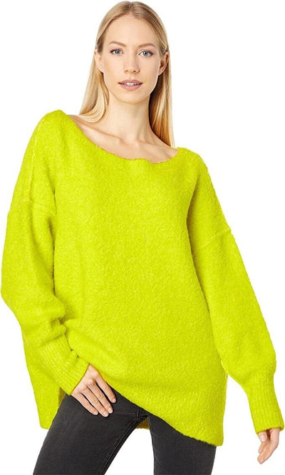 Free People Moira Slouchy Two-Tone Boucle Tunic Sweater Citron Sun Combo L