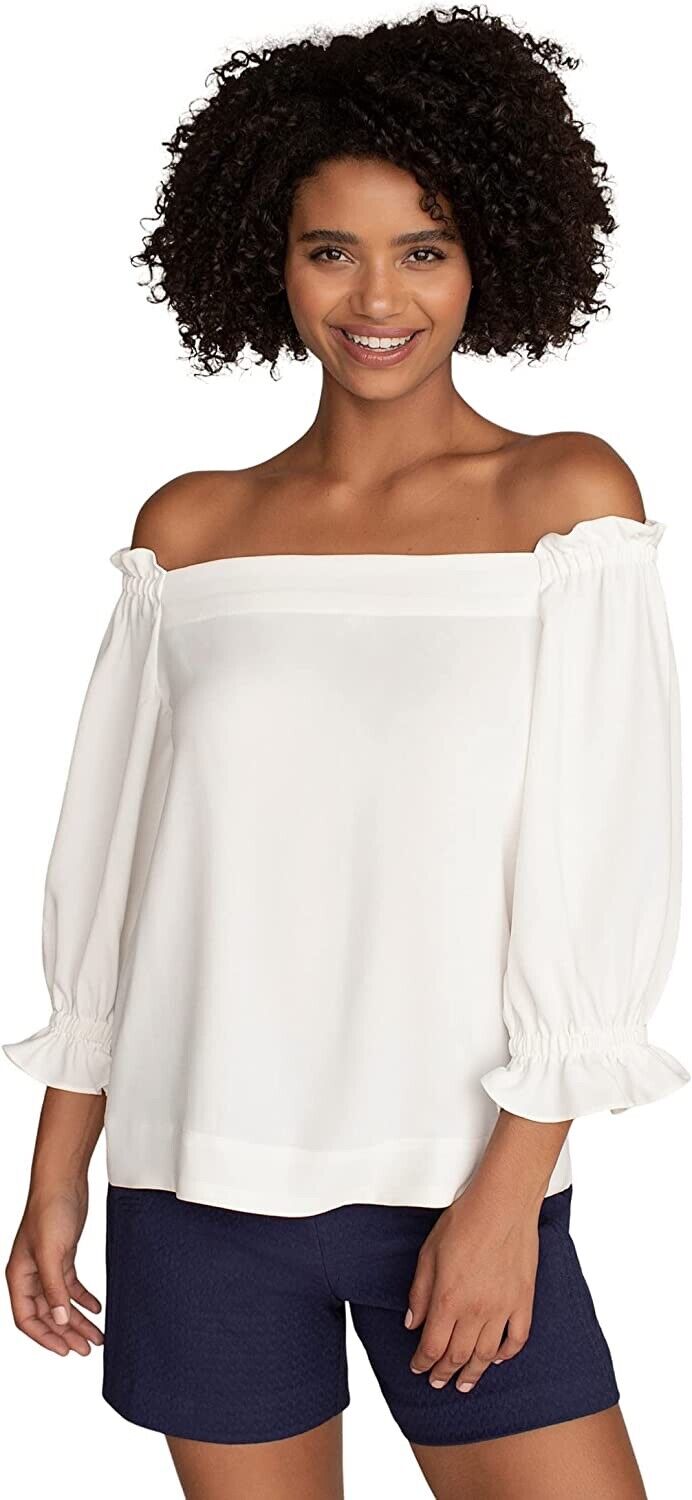 Trina Turk Women's Loose Fit Off The Shoulder Long Sleeve, Whitewash, Small