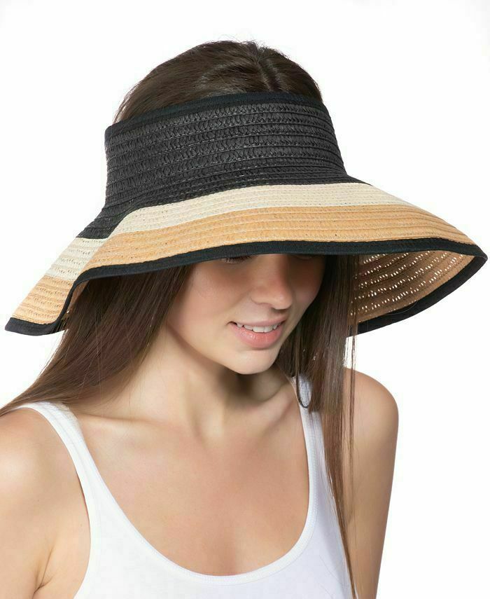 INC Striped Packable Adjustable Roll-Up Women's Wide Brim Visor Natural/Black