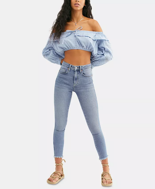 Leggings en denim taille haute à ourlet brut et chevilles gratuits 24