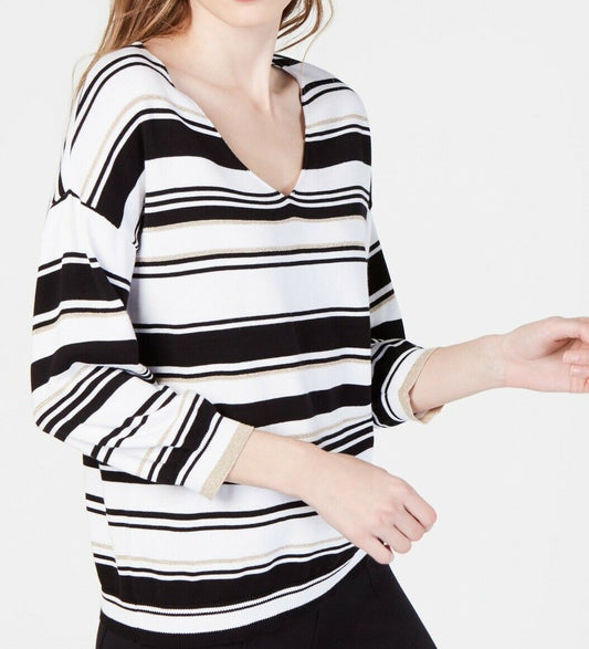 INC Women's Sweater Large Pullover Striped V Neck Shimmer L