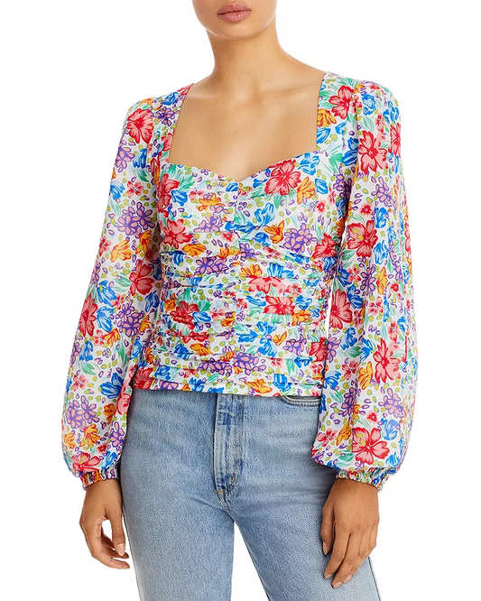 Aqua Womens Floral Rouched Pullover Top XS