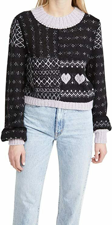 Free People Women's Snow Globe Pullover Sweater, Onyx Combo, Black, Print, XL