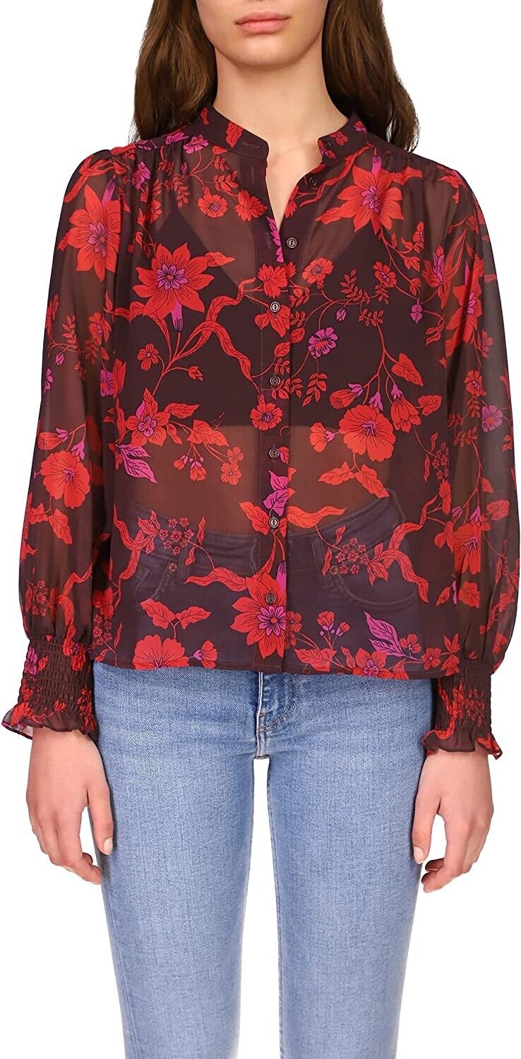 Sanctuary Womens Floral Print Sheer Button-Down Top Red XXS