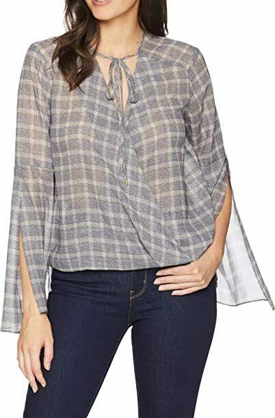 Kenneth Cole Womens Wrapped Front Flouncy Sleeve Top Windowpane Plaid/Peach M