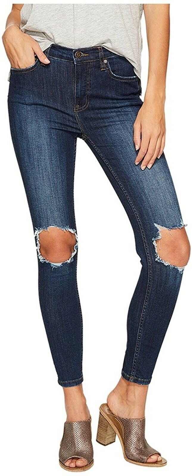 Free People Womens Busted Denim Destroyed Skinny Jeans Blue 28
