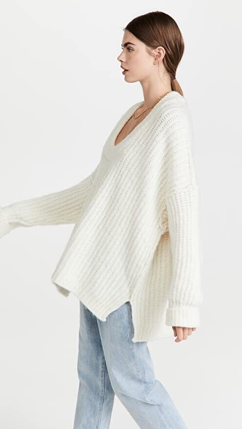 Free People Women's Blue Bell V Neck Sweater, Ivory, XL