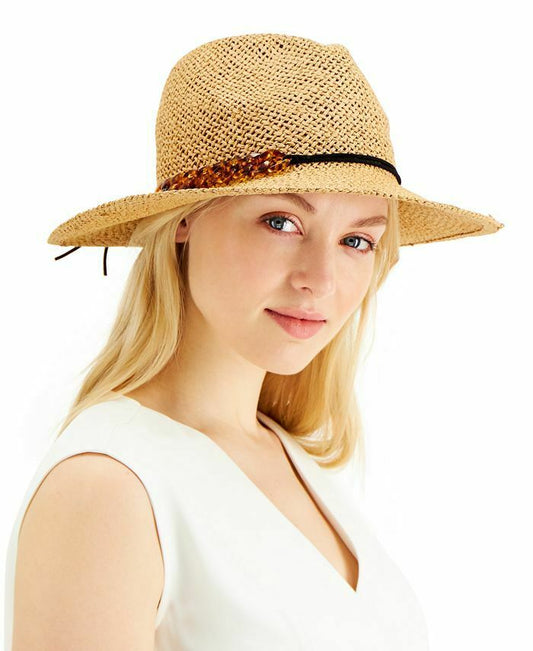 INC Tortoiseshell-Links Open-Weave Panama Hat, Natural