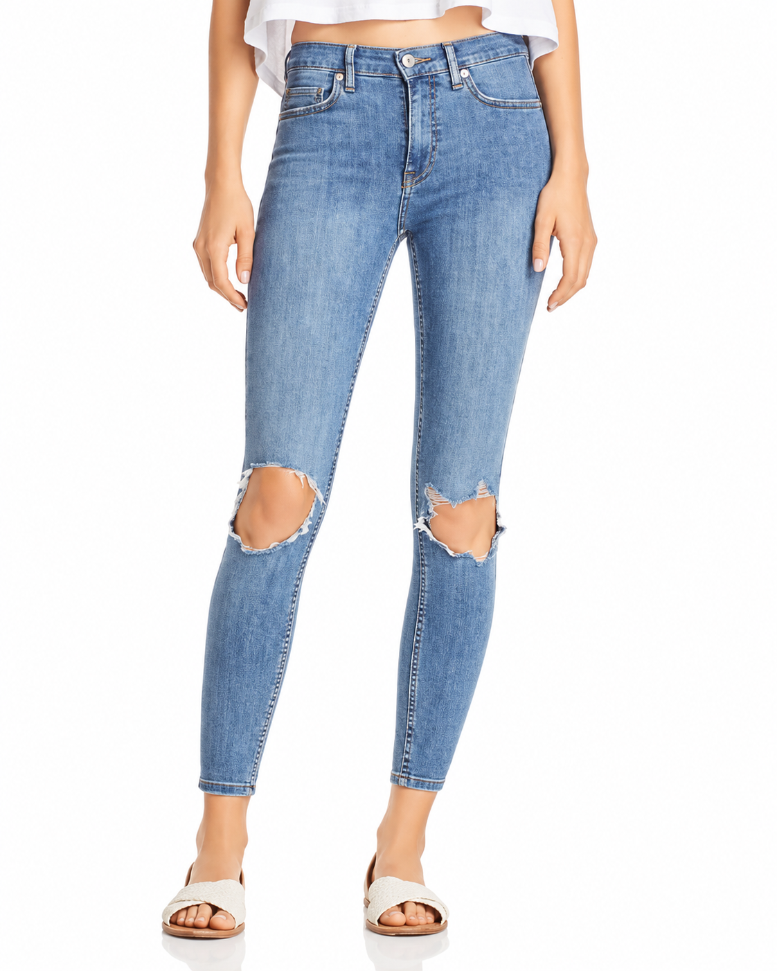 AI-enhanced catalog image: Free People Busted Distressed Skinny Jeans — Blue, Size 28