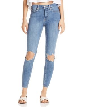 Free People Busted Distressed Skinny Jeans — Blue, Size 28