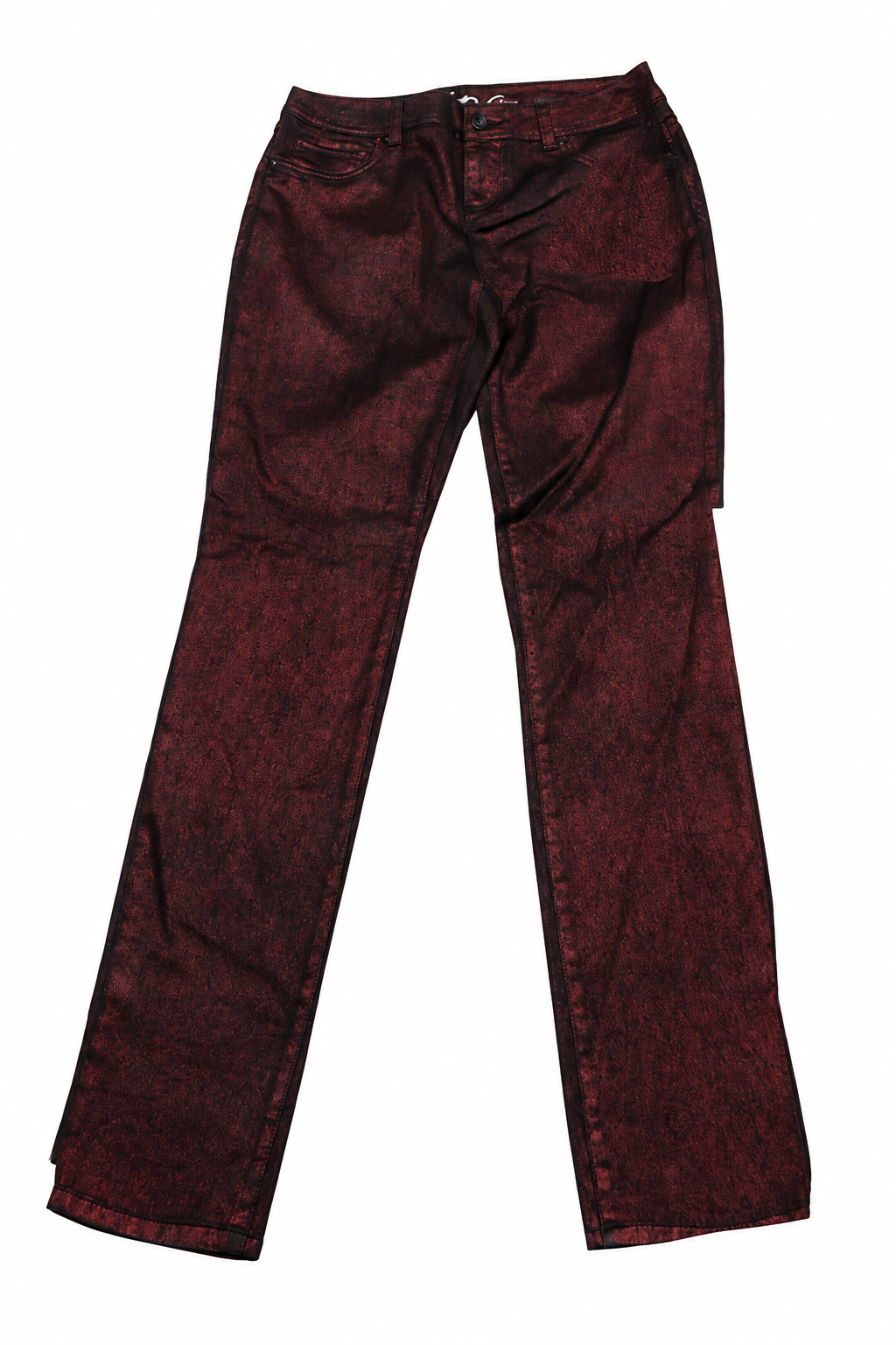AI-enhanced catalog image: INC Metallic Skinny Jeans — Wine Berry, Size 2