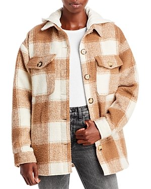 AQUA Hooded Plaid Shirt Jacket — Camel/Cream, Size Small