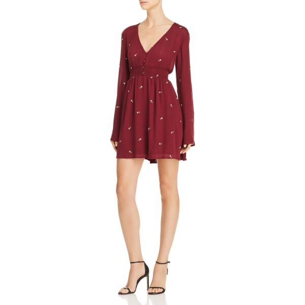 En Crème Floral-Embroidered Smocked Mini Dress — Burgundy, Size Small