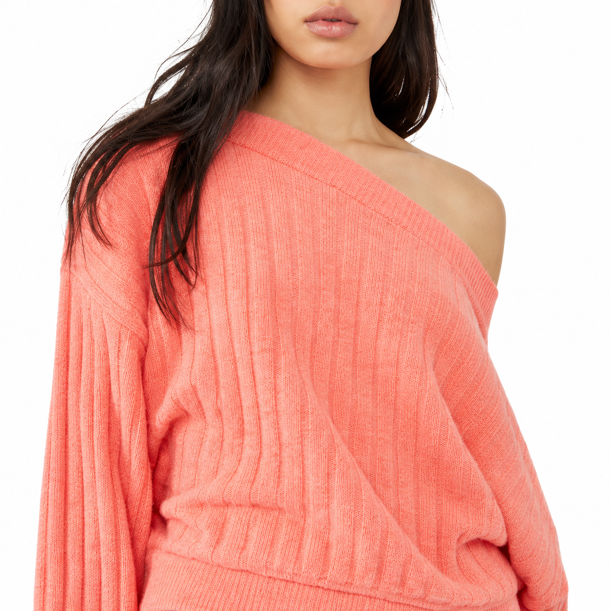 Free People Cabin Fever coral sweater, AI-enhanced detail image