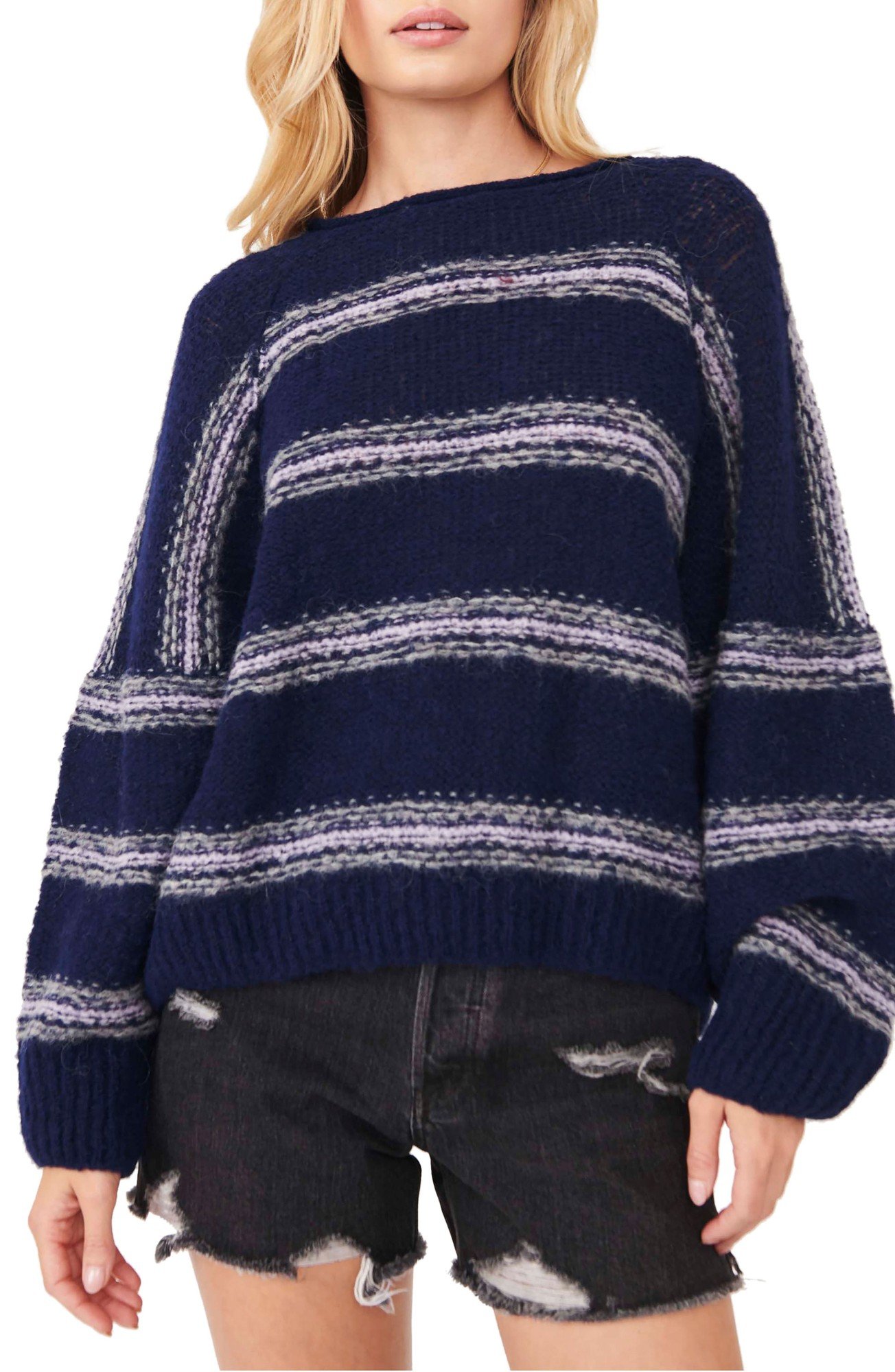 Free People Hockley stripe sweater in Moonlight Combo, original catalog photograph