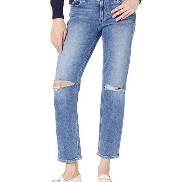 PAIGE Amber Mid-Rise Straight-Leg Jeans — Walkabout Destructed, Size 29